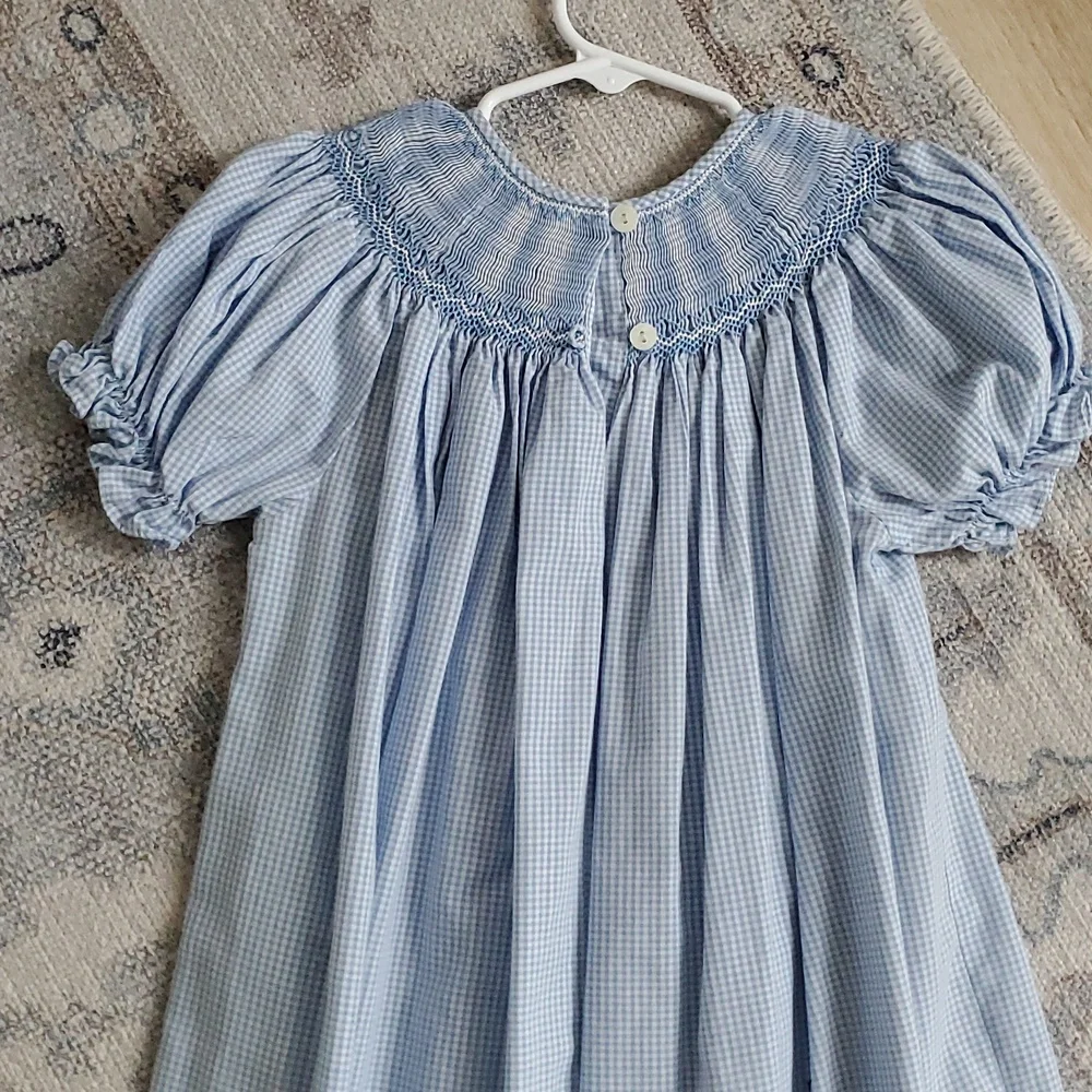 Rosalina Smocked Embroidered Blue Gingham Football Bishop Dress Sz4T